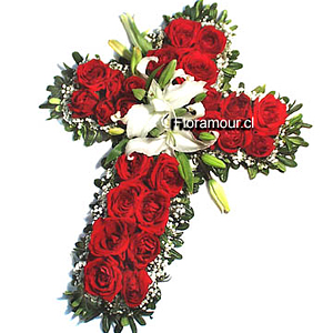 Cruz de flores fúnebres en colores  rojo y blanco