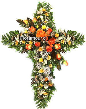 Cruz de flores para funerales en tonos otoñales