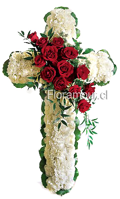 Cruz blanca con rosas centrales para condolencias y funerales