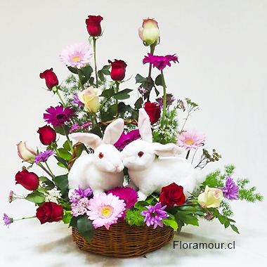 Encantadora canasta con dos conejos tamao natural canastn jardín de rosas, gerberas y flores de complemento.
Exclusivo dentro de SANTIAGO DE CHILE