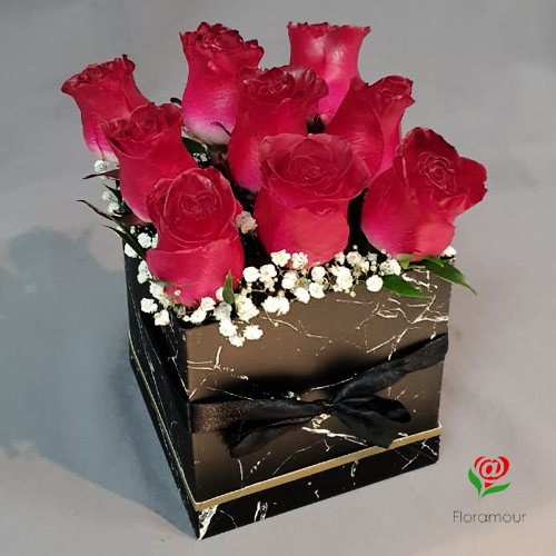 Caja cuadrada Prince con nueve rosas ecuatorianas en humectación. LARGA DURACION. SERVICIO SOLO SANTIAGO.