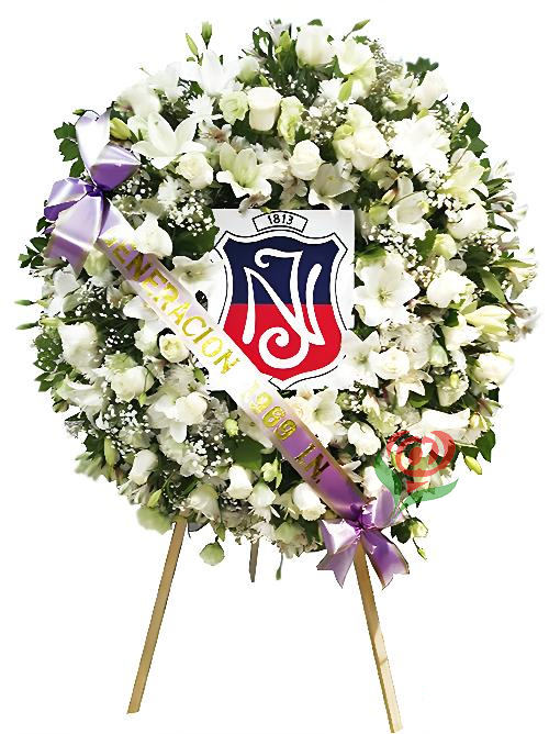 Corona de flores para funerales en atril, con cinta impresa y logo institucional
