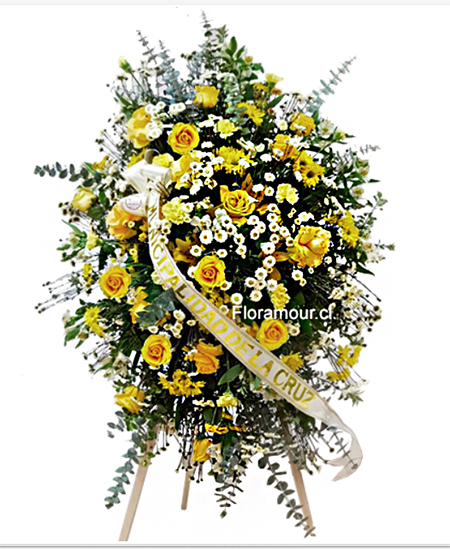 Arreglo floral en atril con cinta para funeral institucional