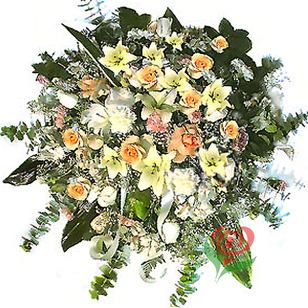 Corona de flores para condolencias en forma de medallón confeccionada con distintas flores en tonos suaves.