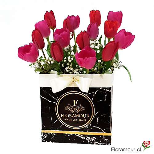Diseño exclusivo Floramour Caja de Tulipanes. Sólo Santiago. Color de tulipanes puede variar según disponibilidad e importación