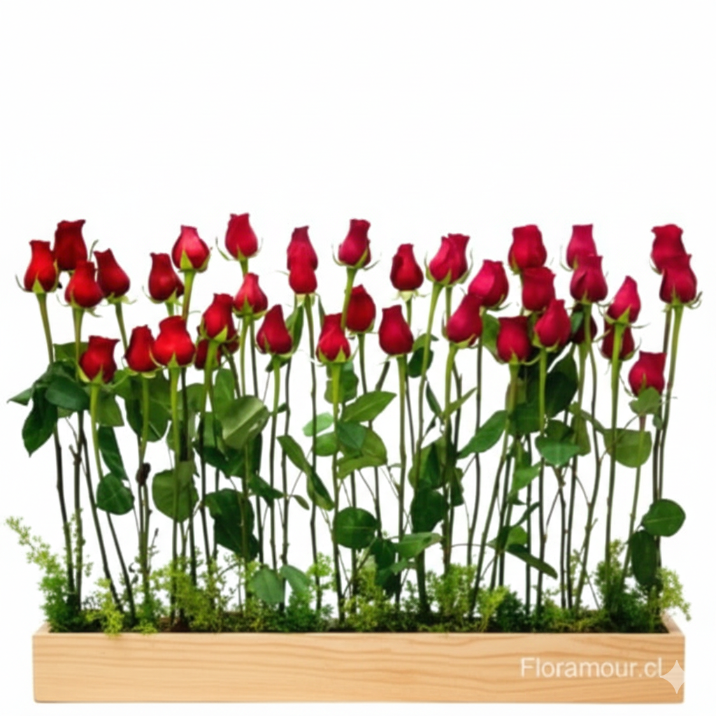 Rosas rojas de tallo largo dispuestas sobre una base de madera natural.